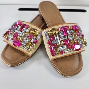Comfort Est 1946 Jeweled Slide Sandals Pink Gold Raffia Size 8 Resort Vacation